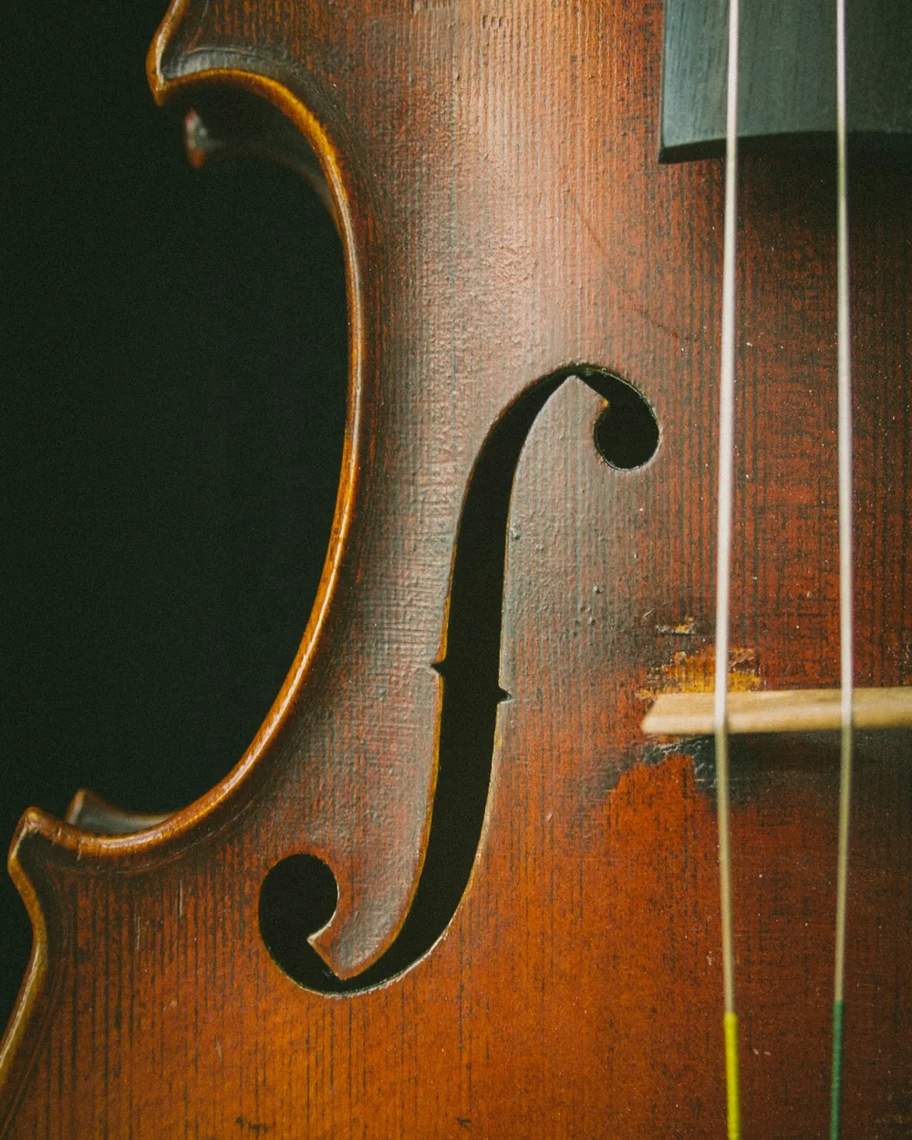 Detalle de la tapa de un violín antiguo con la efe tallada, el puente y las cuerdas